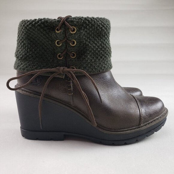 Timberland Kellis Mid Wedge Boot Womens 7.5 Brown Leather Lace Up Fold Down - Picture 4 of 12